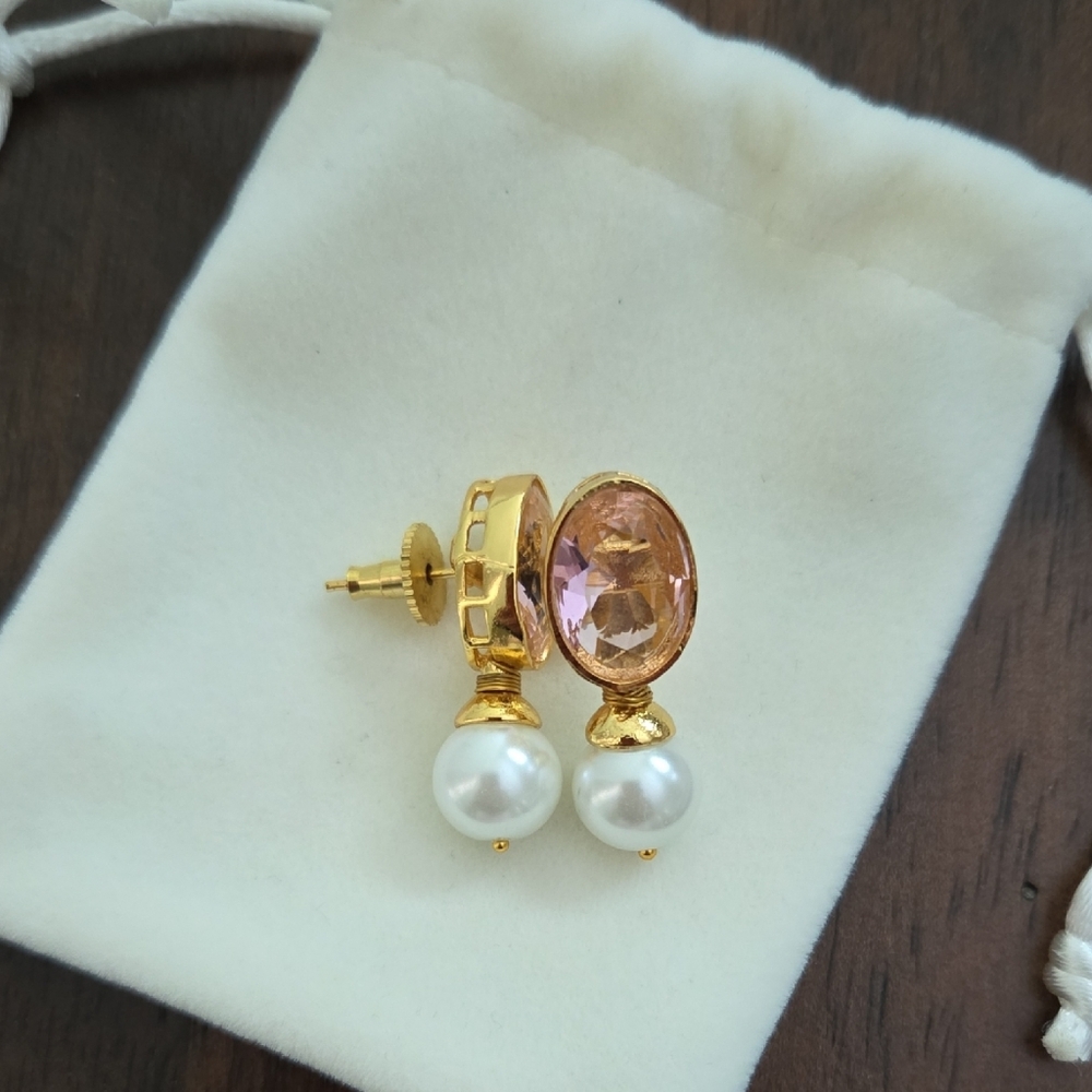 Earrings, Gold And Pink with Pearl Accent - Picture 4 of 4